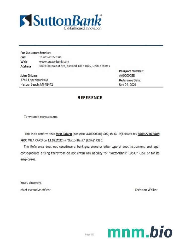 Przykład odniesienia do zamknięcia USA Sutton w formatach Word i PDF